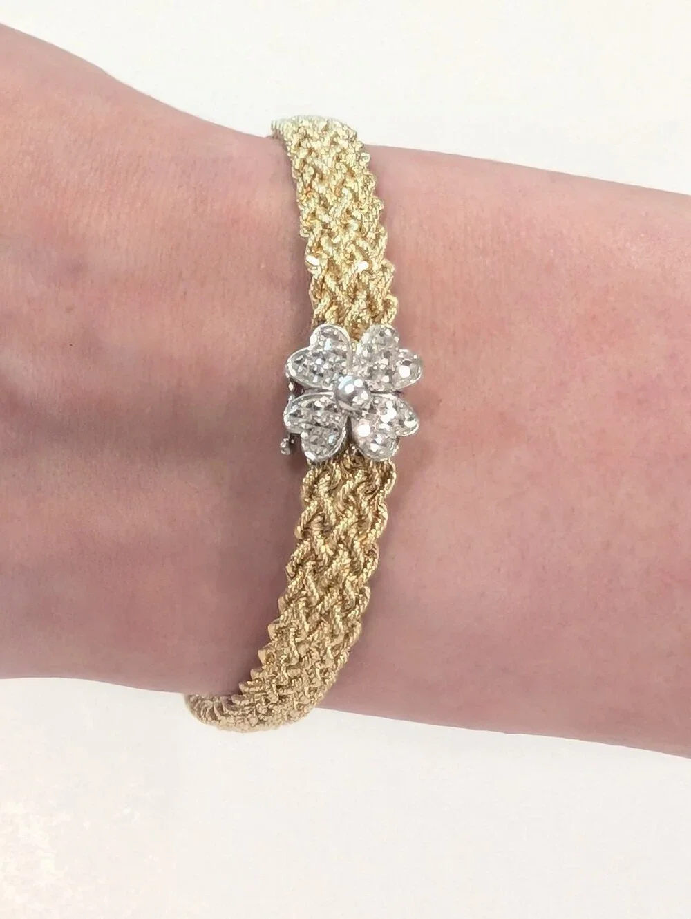 NWT Gold Plate Basketweave + Silver AuraGento Bracelet With Floral Clasp In Box